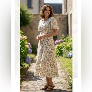 Vintage Caroline Wells Women’s Midi Dress Floral Multicolor Shot Sleeve Size 8 P